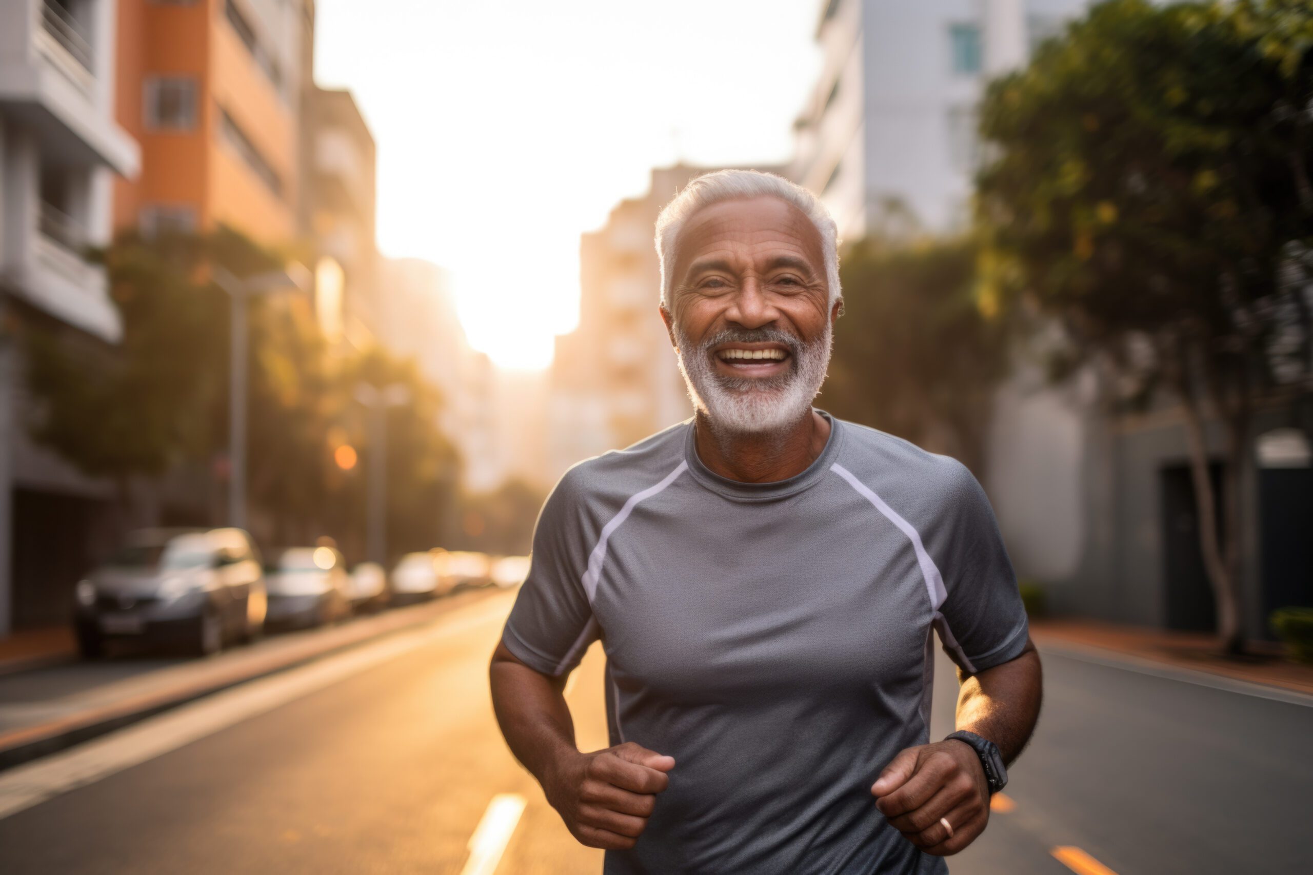 Happy active senior running on road on city street